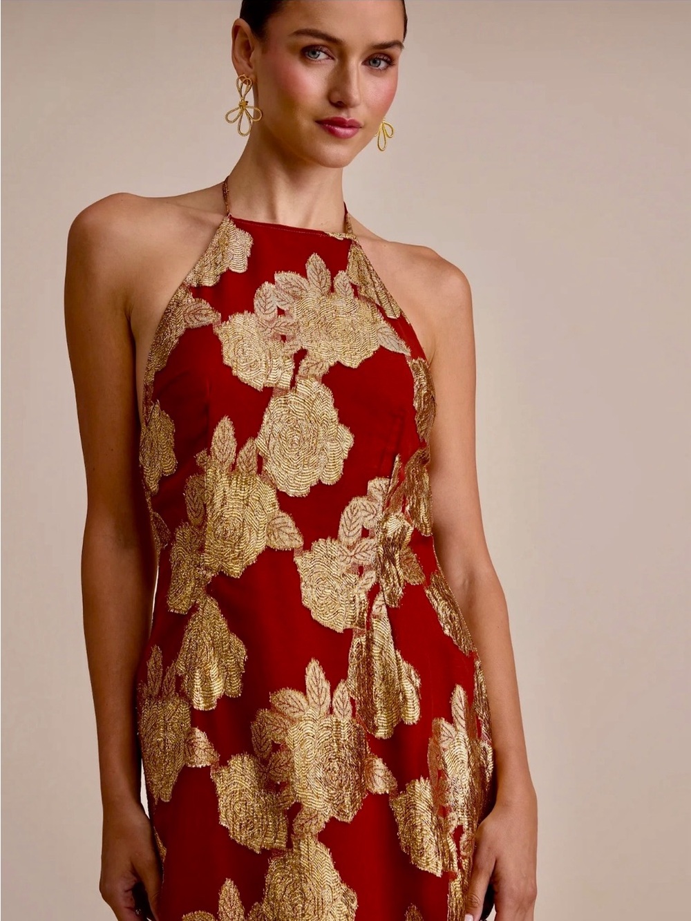 Halter Neck Red Dress with Gold Floral Embroidery